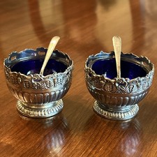 Vintage Pair Raimond Silverplate CobaltBlue Glass Open SaltCellars w/Spoons picture