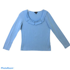 TALBOTS Womens M Blue Pima Cotton Blnd Long Sleeve T- Shirt Top Ruffle Neckline picture