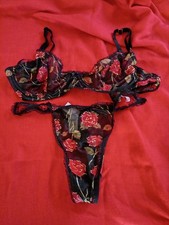 Vintage Red Roses On Black, 36C Bra, Large Thong by Secret Treasures EUC picture