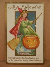 Vintage 1913 Halloween Postcard Girl Witch Broomstick Jack O Lantern Series 226C picture
