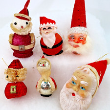 6 Vintage MCM Lot Ornaments Santa Rubber-Faced, Styrofoam, mercury glass 50s 60s picture