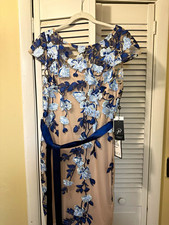 Adrianna Papell Nude/Blue Floral Embroidered Mesh Sheath V-Neck Dress 8 Zip picture