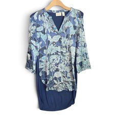 Chicos Blouse Womens Size 1 M 8/10 Blue Floral Split Neck High Low Tunic Top picture