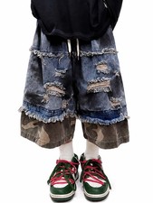 Niepce Japanese Streetwear Hip Hop Ripped Patch Camo Hem Baggy Denim Shorts picture