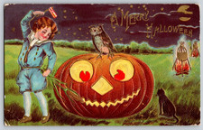 Halloween Antique Postcard 1909 Boy With Flag Sanders Jack-O-Lantern Black Cat picture