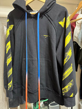 Off-White Black/Yellow Graphic Print Pullover Fleece main label Hoodie cotton M picture