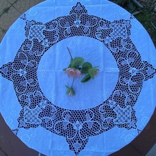 Vintage Needle Lace Handmade Embroidery Linen Tablecloth White/Ivory Round picture