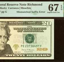 2017A $20 Federal Reserve Note PMG 67EPQ Mismatched Suffix Error PEF D picture
