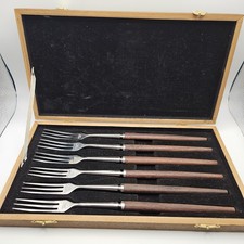 Vintage MCM Stainless Steel Wood Handle Dessert Fork Set of 6 Japan w/Wood Box picture