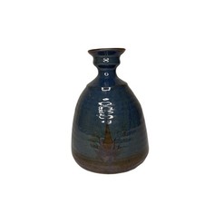 Studio Pottery Vase Ceramic Blue Glaze Farmhouse 8in Tall Signed Leaf picture