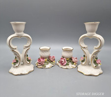 VTG Pair of Dresden Candlestick Holders Pink Yellow Gold Accent White Porcelain picture