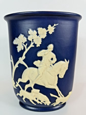 Antique 1920s Weller Pottery Chase Cobalt Blue Vase Horse Rider Relief Signed picture