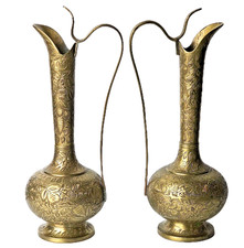 Vintage Embossed Brass India Etched Flower Ornate Decor Handmade Set of 2 picture