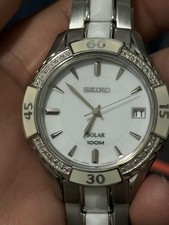 SEIKO V157-0AZ0 Women's Solar Diamond Watch Stainless Steel Excellent Condition picture