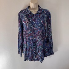 Talbots Shirt Blouse XLP Button Front Colorful Paisley Blue Purple Comfy picture