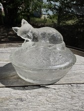 Vintage Zabkowice Fox on Nest Covered Candy Dish Poland  Pressed Glass RARE HEN picture