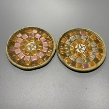 Vtg MCM Japanese Mosaic Tile Coasters Pair Gold Metal Back 4” Set of 2 picture