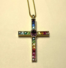 VINTAGE 1998 SIGNED P.S.C.O. CROSS NECKLACE FACETED RAINBOW COLORS 30