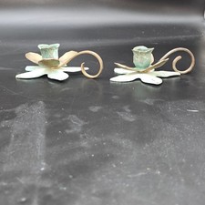 Vintage Verdigris Brass Flower Chamberstick Candle Holders Pair Made in India picture