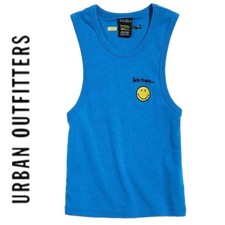 NEW iets frans… X Smiley Blue Embroidered Fitted Tank Top L picture