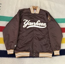 Vintage 90s Majestic New York Yankees Satin Jacket Brown Beige Tan Size 2X XXL picture