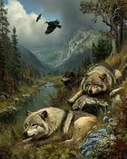 Three Wolves Resting Beside Mountain Stream and Flowers Print - 837365555 picture