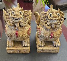 Pair of Chinese Ceramic Foo Dog Guardian Lion Statues Beige Red Accents picture