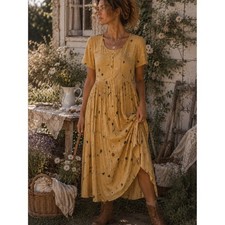 Vintage Karin Stevens Mustard Floral Midi Dress SZ6 Prairie Cottage Farm Country picture