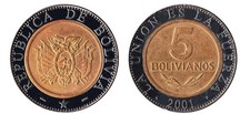 2001-2017 Bolivia 5 Bolivianos, KM #224, 5 BOB picture
