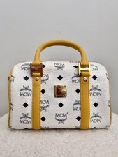 Vintage MCM Visetos Boston Bag - White & Yellow Leather Top Handle Gold Hardware picture