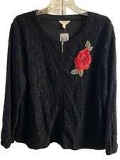 Adiva Black Floral Lace Full Zip Top Red Rose Applique Long Sleeve 1X NWT picture