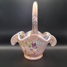 Fenton Decorative Basket Glass Iridescent Pink Floral Hand Painted 8