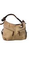 DOONEY & BOURKE Dual Zip Pockets Crème W/ Chestnut Trim  Leather Shoulder Bag picture