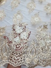 Champagne Lace Fabric By The Yard 3d Floral Flower Embroidered on Mesh For Dress picture