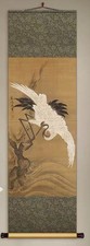 Large Vintage Asian Hanging Scroll Red Crowned Crane Painting Signed Silk Scroll picture