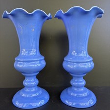 Pair Antique Blue Blown Glass Vases French Opaque Gold Motif Victorian Bristol picture