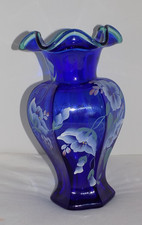Fenton Hand painted 75th Celebration Vase 1998 Cobalt Blue Green trim Signed picture