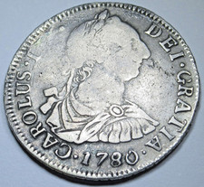 1780/79 Overdate VF-XF Spanish Bolivia 2 Reales 1700's Two Bits Mint Error Coin picture