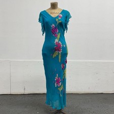 Vintage Y2K Flutter Sleeve Hand-Painted Floral Beaded Silk Maxi Dress picture