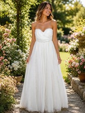 Lulu’s Size S Blissful Forever White Tulle Lace Strapless Pleated Maxi Dress picture