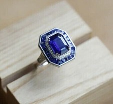 Vintage Hexagon Halo Wedding Ring 14K White Gold Over 2.3 Ct Simulated Sapphire picture