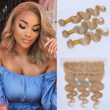 Aprilhair 8A Pre Plucked Lace Frontal 3 Bundles 27 Honey Blonde Brazilian picture