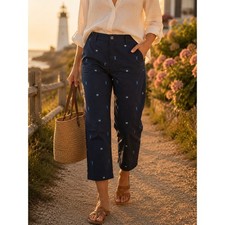 Talbots The Perfect Crop Curvy Pants 8 Navy Lobster Crab Embroidered Chino picture