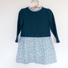 Sergent Major Dress Teal Floral Bird Print Long Sleeve Ruffle Collar Kids 4Y picture