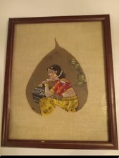 Antique 1800's India Hand Painted Peepal Leaf picture