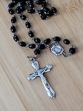 Vtg Chapel Sterling Cross Rosary Black Beads w/ Rose Our Father Beads 22