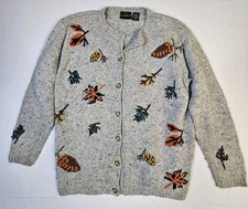 Jenny Buchanan Cardigan Women Medium Gray Fall Autumn Leaves Sweater 90s Vintage picture