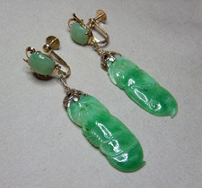 Vintage 14ct Gold And Carved Jade Drop Screw Back Earrings 53mm Drop    4284 picture
