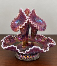 Fenton Plum Opalescent Carnival Thumbprint 3 Horn Epergne QVC 2004 Super Rare picture