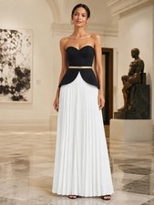 Women’s Formal Evening Dress Strapless Sweetheart Neck Peplum Pleated Gold Belt picture